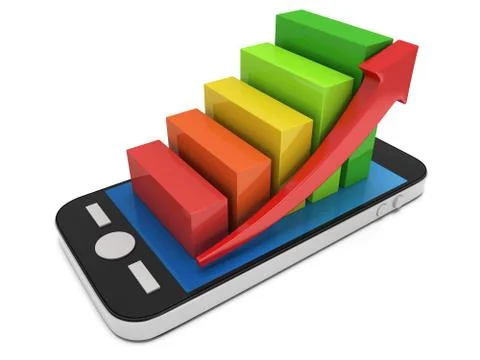 3d colored bar graph with red arrow on smartphone Stock Illustration