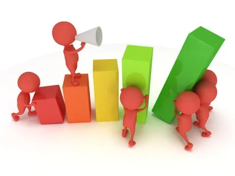3D colored bar graph with team of red people 스톡 일러스트