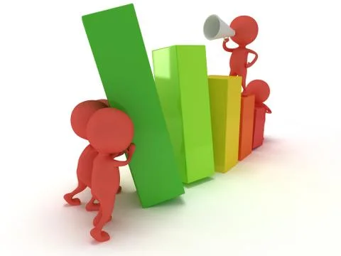 3D colored bar graph with team of red people Stock Illustration