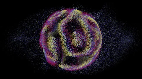 3D colored sphere with stream of digital particles Stock Footage 255659777