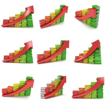 3d colored stack of books bar graph chart with red arrow Stock Illustration