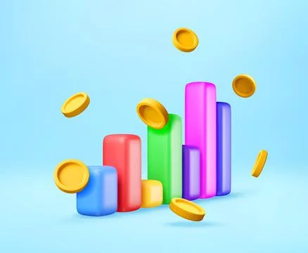 3D Colorful bar chart with rising golden coins Stock Illustration