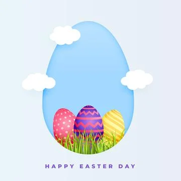 3d colorful easter egg background with grass and cloud design Stock Illustration