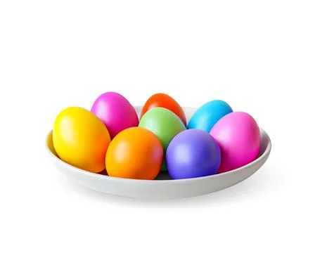 3d colorful easter eggs in plate isolated on white Illustrazione stock