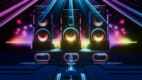 3d colorful scene with three large speakers in the center surrounded by neon-lit Vidéo 276223898