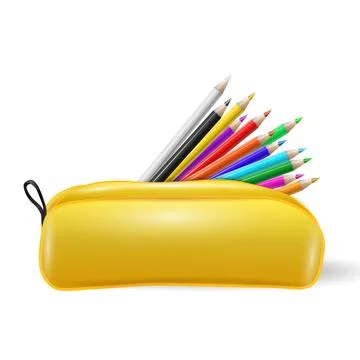 3d coloring pencils, school case. Bright comic box, office work or education Stock Illustration