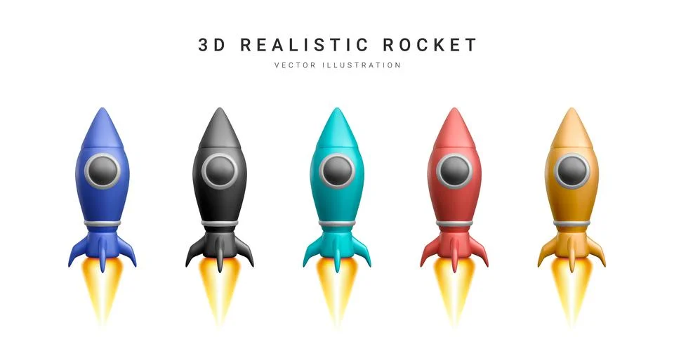3d colour rocket set. Realistic space ship isolated on a white background. Ve Illustrazione stock