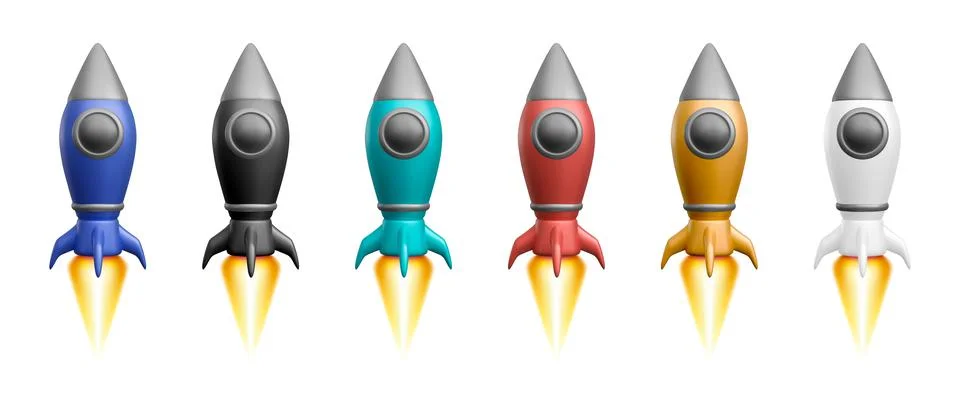 3d colour rocket set. Realistic space ship isolated on a white background. Ve Stock Illustration