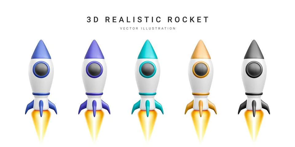 3d colour rocket set. Realistic space ship isolated on a white background. Ve Stock-Illustration
