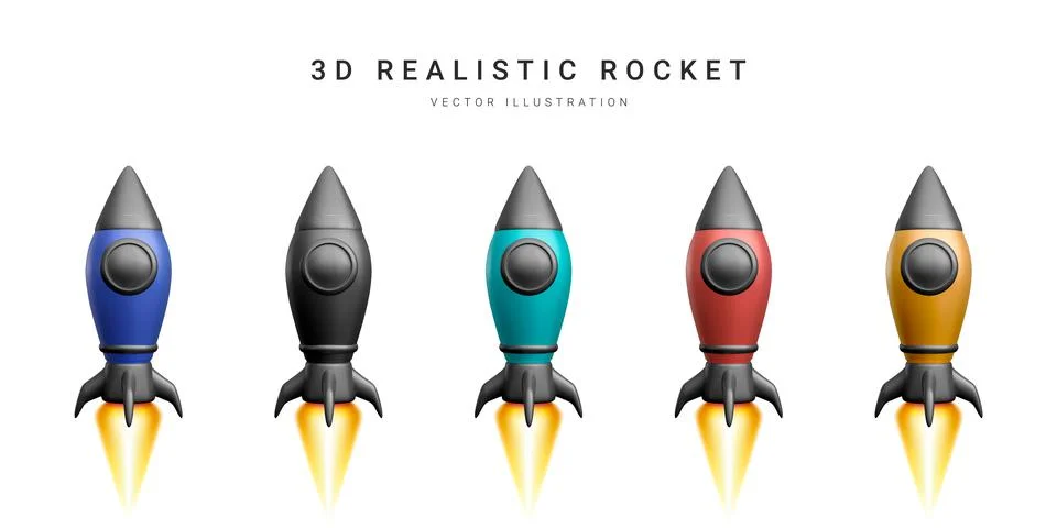 3d colour rocket set. Realistic space ship isolated on a white background. Ve Illustrazione stock