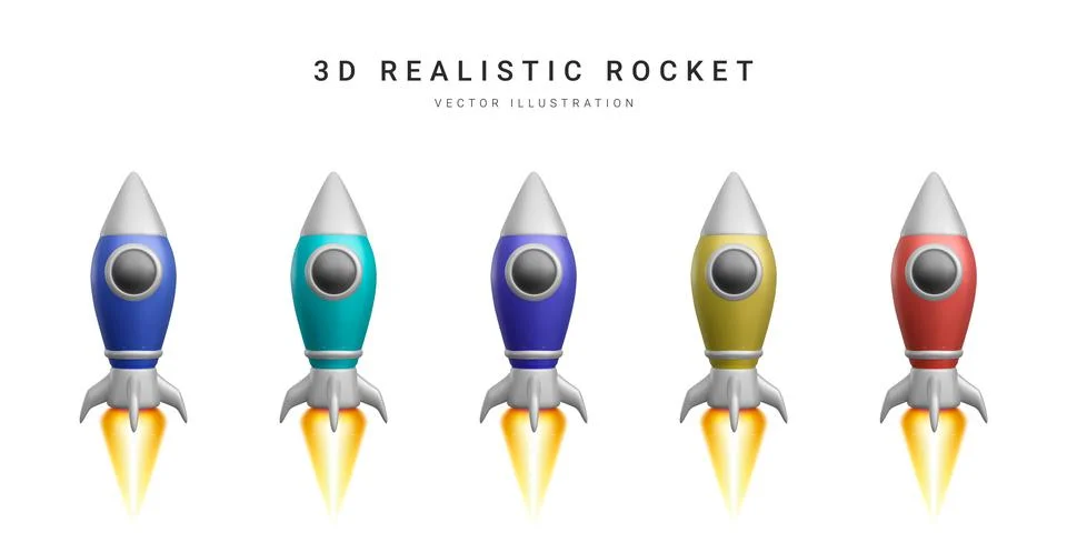 3d colour rocket set. Realistic space ship isolated on a white background. Ve Stock-Illustration