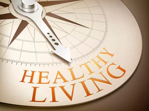 3d compass with needle pointing the word healthy living Stock Illustration