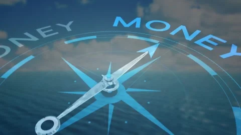 3D compass needle rising triggers arcs lighting and MONEY letters rotating Video stock 320089692