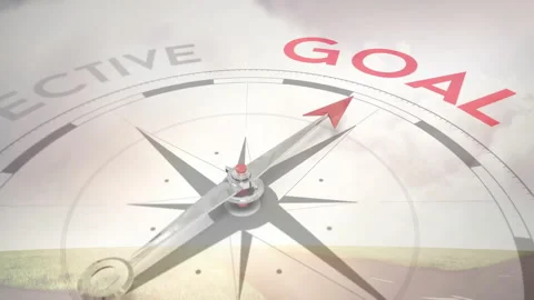 3D compass needle rotating clockwise off OBJECTIVE, fading text, aligning under Stock Footage 312897933