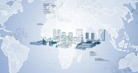 3D components floating with map fading aligning over Africa forming ribbon Stock Footage 313704383