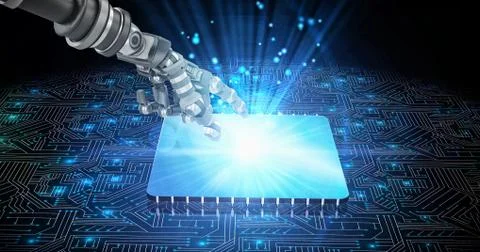 3D Composite image of back robot arm pointing at something Stock-Illustration