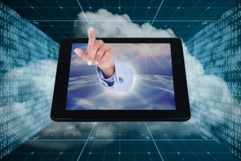 3D Composite image of businessman touching invisible screen Illustrazione stock