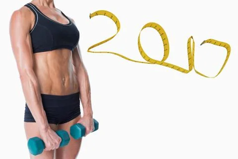 3D Composite image of female bodybuilder holding two dumbbells with arms down Stock Photos