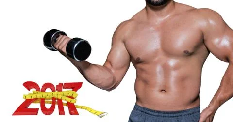 3D Composite image of mid section of a bodybuilder with dumbbell Stock Photos