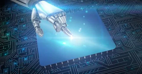 3D Composite image of silver robot arm pointing at something 스톡 일러스트