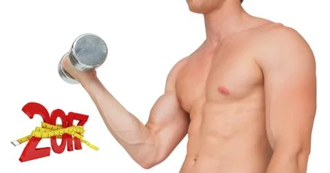 3D Composite image of strong man lifting dumbbell with no shirt on Stock Photos