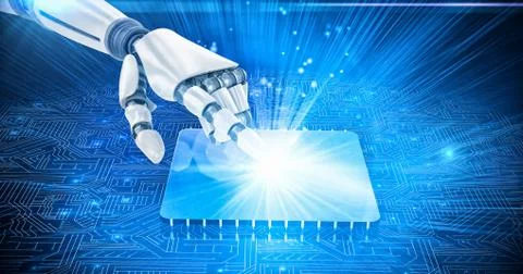 3D Composite image of white robot arm pointing at something Stock-Illustration