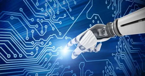 3D Composite image of white robot arm pointing at something 스톡 일러스트
