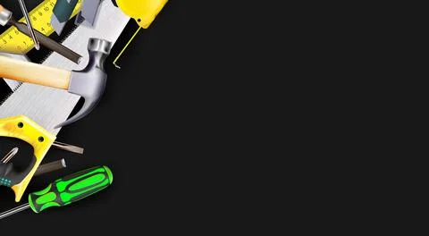 3d Composition on black background, tools of carpenter craft construction. Ilustración de archivo