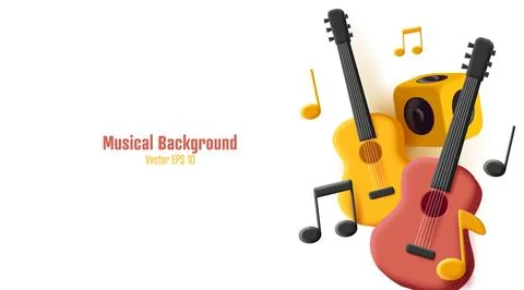 3d composition with classic guitar and notes and columns, isolated Ilustração Stock