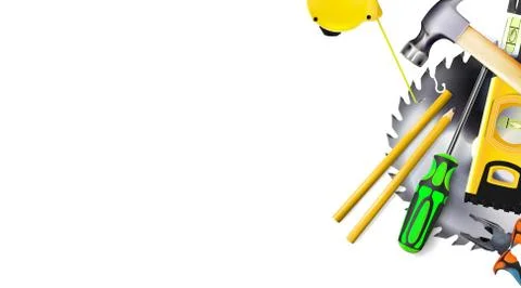 3d Composition of set tools of carpenter or construction isolated. Copy-space Stock Illustration