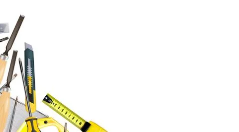 3d Composition of set tools of carpenter craft or construction isolated Illustrazione stock