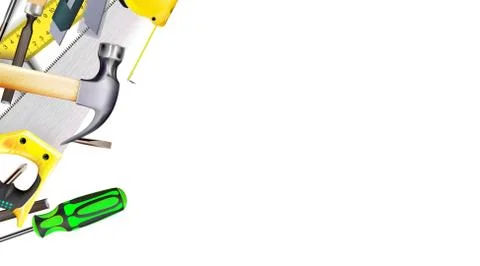 3d Composition of set tools of carpenter craft or construction isolated Illustrazione stock