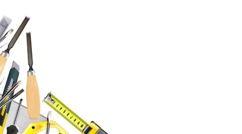 3d Composition of set tools of carpenter craft or construction isolated Stock Illustration