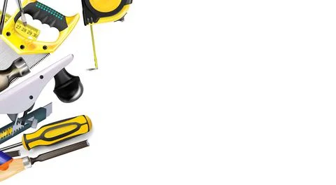 3d Composition of set tools of carpenter craft or construction isolated. Ilustración de archivo