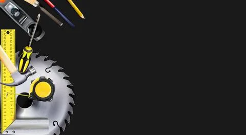 3d Composition of set tools of carpenter or construction isolated on black. Stock Illustration