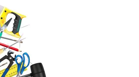 3d Composition of set tools of craft furniture maker, joiner, isolated Illustrazione stock