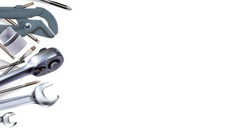 3d Composition of set tools of mechanic, isolated on white background Ilustración de archivo