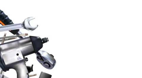 3d Composition of set tools of mechanic, isolated on white background. Stock Illustration