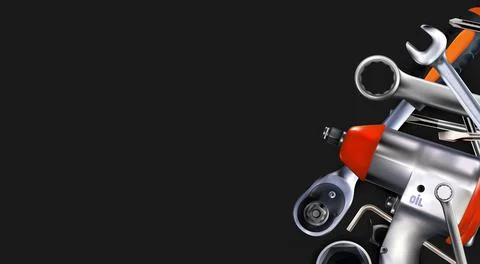 3d Composition of set tools of mechanic, isolated on black background. Stock Illustration