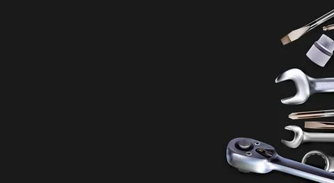 3d Composition of set tools of mechanic, isolated on black background. Ilustración de archivo