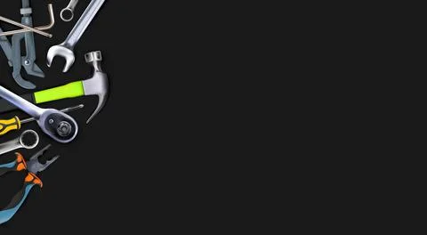 3d Composition of set tools of mechanic, isolated. Copy-space Ilustración de archivo