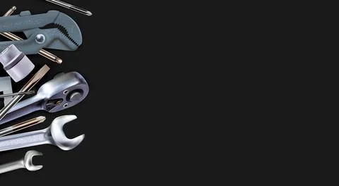 3d Composition of set tools of mechanic, isolated on black background. Ilustración de archivo