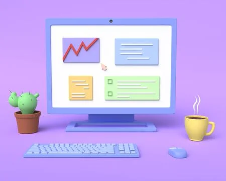 3d computer, cactus and cup. Illustration of a workplace Stock Illustration