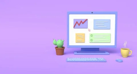 3d computer, cactus and cup. Illustration of a workplace Stock Illustration