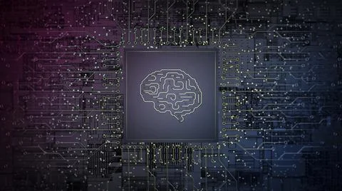3d computer chip cpu with human brain. Processor on technology board. Ai イラスト素材