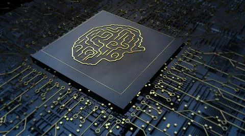 3d computer chip cpu with human brain. Processor on technology board. Ai Illustrazione stock