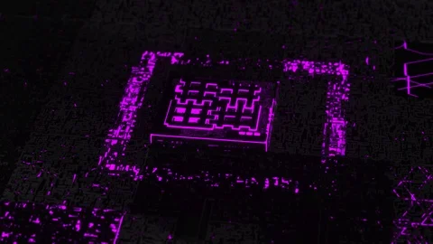 3D computer chip over circuit background of lilac and black colors. Animation Video stock 126194195
