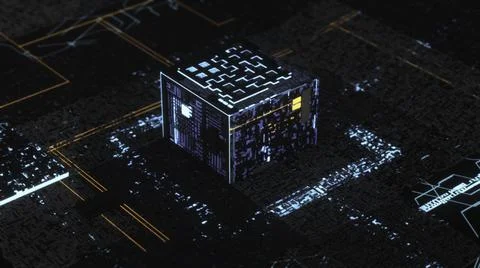 3D computer chip over circuit background of blue and black colors. Animation 스톡 일러스트