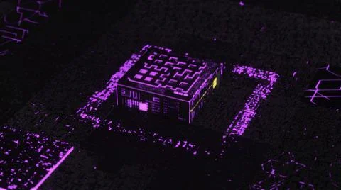 3D computer chip over circuit background of lilac and black colors. Animation Stock Illustration