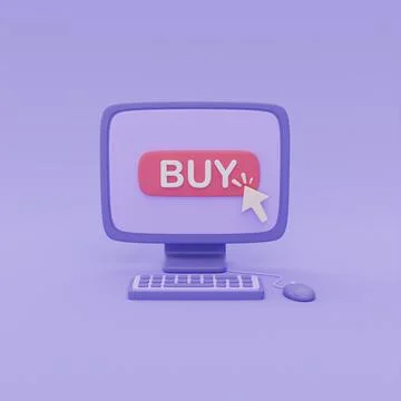 3d computer with click Buy button on purple background, Online shopping conce Stock Illustration